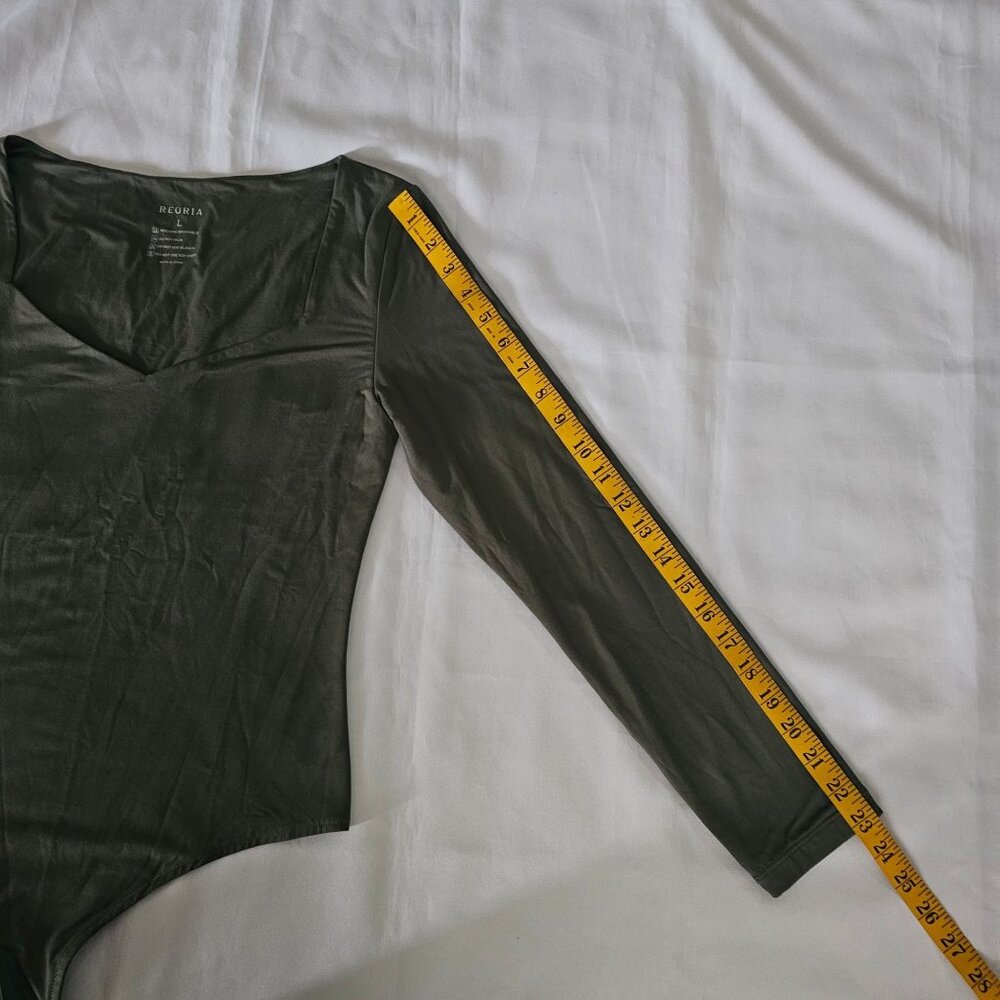 Reoria Women's Gray/Green Sweetheart Neck Long Sleeve Thong Bodysuit Size Large - Picture 9 of 11